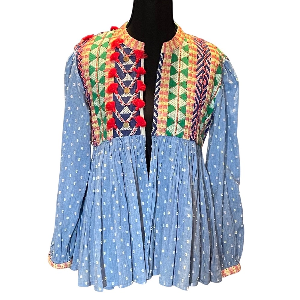 Rapsodia "Sac Groom Sauces" Embroidered Boho Jacket, Celeste Light Blue, Size XS